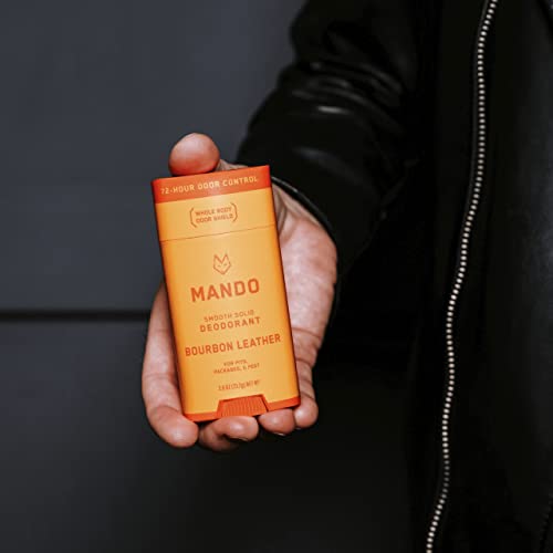 Mando Smooth Solid Stick (2.6 Ounce) + Acidified Body Wash (8.5 Ounce) - Clinically Proven to Block Odor All Day - Whole Body Safe For Pits, Packages + Feet (Bourbon Leather) - Morena Vogue