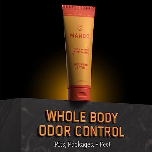 Mando Smooth Solid Stick (2.6 Ounce) + Acidified Body Wash (8.5 Ounce) - Clinically Proven to Block Odor All Day - Whole Body Safe For Pits, Packages + Feet (Bourbon Leather) - Morena Vogue