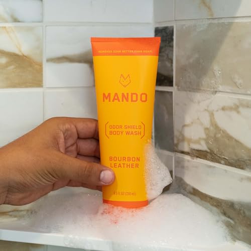 Mando Smooth Solid Stick (2.6 Ounce) + Acidified Body Wash (8.5 Ounce) - Clinically Proven to Block Odor All Day - Whole Body Safe For Pits, Packages + Feet (Bourbon Leather) - Morena Vogue