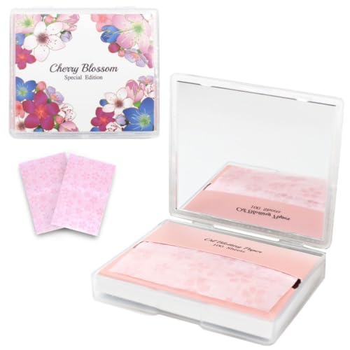 [100 Counts + Mirror Case] Cherry Blossom Natural Oil Blotting Paper for Face Korean with Mirror Case - Morena Vogue
