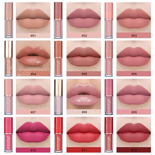 12Pcs Velvet Matte Liquid Lipstick Set, Waterproof Long Lasting Quick-drying Non-Stick Cup Nude Lip Stain Kit, Up to 24H Wear, Professional Lip Makeup Gift Kit for Women (SET A) - Morena Vogue