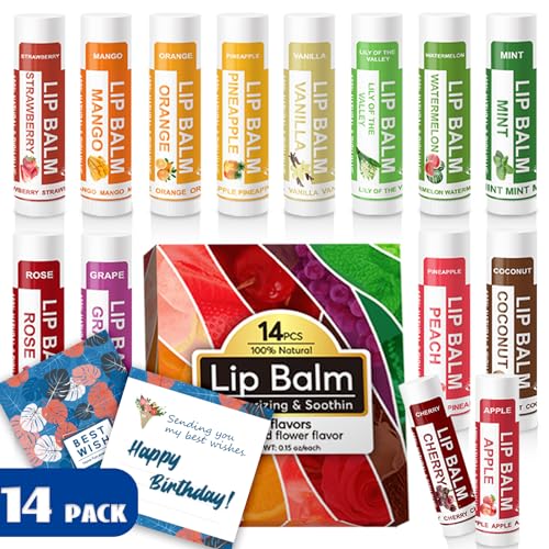 14 Pack Natural Lip Balm in Bulk with Vitamin E and Coconut Oil -Mother's Day Gifts Moisturizing, Soothing, and Repairing Dry and Chapped Lips - 14 Flavors - Non-GMO - With Gift Card - Morena Vogue