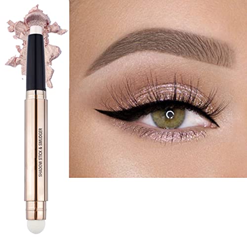 2 in 1 eyeshadow stick and Sponge Makeup Brush, Smooth Cream Shimmer Shadow Pencil Long Lasting Waterproof Eye Shadow Highlighter, Hypoallergenic Highlighter Multi-Dimensional eyes Look - Morena Vogue