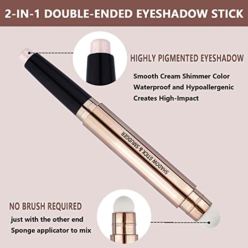 2 in 1 eyeshadow stick and Sponge Makeup Brush, Smooth Cream Shimmer Shadow Pencil Long Lasting Waterproof Eye Shadow Highlighter, Hypoallergenic Highlighter Multi-Dimensional eyes Look - Morena Vogue