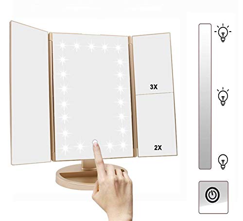 3 Folds Lighted Vanity Makeup Mirror,1X/2X/3X Magnification, 21 LED Light Bright Table Mirror with Touch Screen,180 Adjustable Rotation,Portable Travel Cosmetic Mirror - Morena Vogue