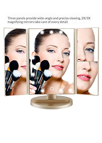 3 Folds Lighted Vanity Makeup Mirror,1X/2X/3X Magnification, 21 LED Light Bright Table Mirror with Touch Screen,180 Adjustable Rotation,Portable Travel Cosmetic Mirror - Morena Vogue