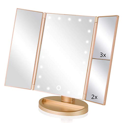 3 Folds Lighted Vanity Makeup Mirror,1X/2X/3X Magnification, 21 LED Light Bright Table Mirror with Touch Screen,180 Adjustable Rotation,Portable Travel Cosmetic Mirror - Morena Vogue