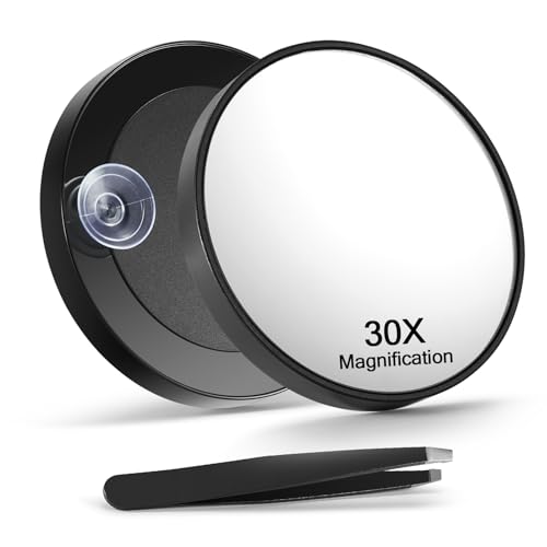 30X Magnifying Mirror, 3.5 inches Magnified Makeup Mirror and Slant Tweezers with 2 Suction Cups, Black, 1PCS - Morena Vogue