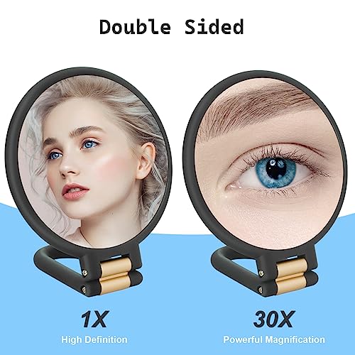 30x Magnifying Mirror, Travel Hand Mirrors with Handle - Double Side Handheld Mirror with 1X 30X Magnification & Adjustable Handle/Stand, Hand Held Foldable Travel Mirror for Makeup(Black) - Morena Vogue