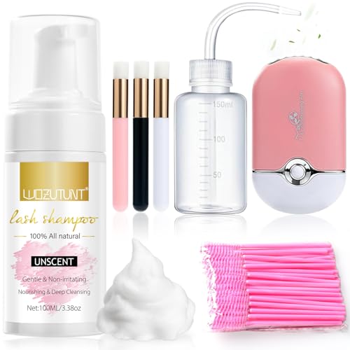 3.38 OZ Eyelash Extension Cleanser Lash Mousse Lash Shampoo for Lash Extensions, USB Mini Fan Rechargeable Electric Handheld Air Conditioning Lash Shampoo Kit Lash Brushes Cleanser Brush Wash Bottle - Morena Vogue