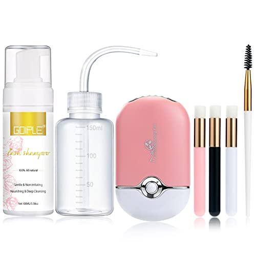 3.38OZ Eyelash Extension Cleanser Lash Mousse Lash Shampoo for Extensions, USB Mini Portable Fan Rechargeable Electric Handheld Air Conditioning Lash Shampoo Brush Plastic Wash Bottle (lash fan-pink) - Morena Vogue