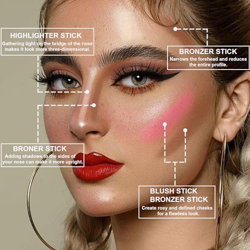 3Pcs Cream Contour Stick Makeup Kit,Shades with Highlighter Stick,Blush Stick and Bronzer Contour Stick for Sculpt the Cheeks,Long Lasting,Waterproof,Matte & Dewy Finish,LIGHT MEDIUM (#02,05,06) - Morena Vogue