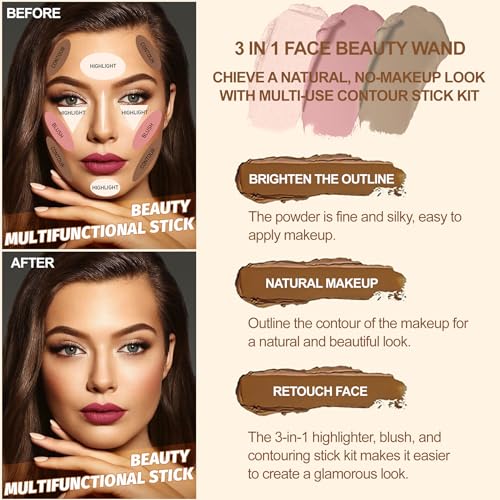 3Pcs Cream Contour Stick Makeup Kit,Shades with Highlighter Stick,Blush Stick and Bronzer Contour Stick for Sculpt the Cheeks,Long Lasting,Waterproof,Matte & Dewy Finish,LIGHT MEDIUM (#02,05,06) - Morena Vogue