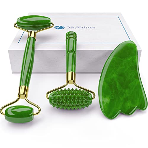 4-in-1 Jade Roller and Gua Sha Set. Jade Face Roller with Eye Massager, Jade Gua Sha, Ridged Roller Massager. Jade Roller for Face Real Jade 100% Jade Stone Roller. Warm Facial Massager or Ice Roller - Morena Vogue