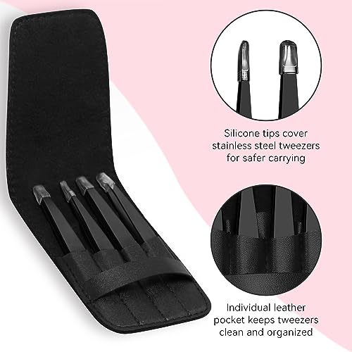 4 Pack Tweezers Set - Professional Stainless Steel Tweezers for Men and Women, Precision Eyebrow Tweezers for Facial Hair, Chin, and Ingrown Hair Removal (Black) - Morena Vogue