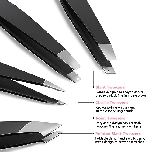 4 Pack Tweezers Set - Professional Stainless Steel Tweezers for Men and Women, Precision Eyebrow Tweezers for Facial Hair, Chin, and Ingrown Hair Removal (Black) - Morena Vogue