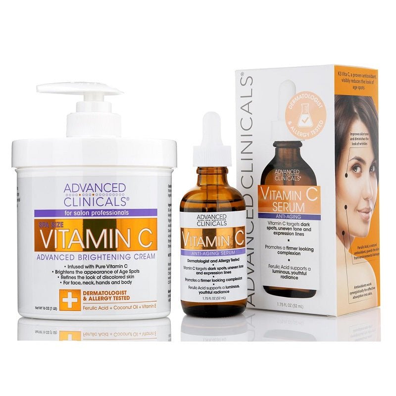 Advanced Clinicals Vitamin C Body Lotion + Potent Vitamin C Serum 2pc Bundle | Face Serum & Body Cream Brightening Skin Care Set & Kits For Wrinkles, Dark Spots, Dry Skin, & Uneven Skin Tone, 2-Pack - Morena Vogue