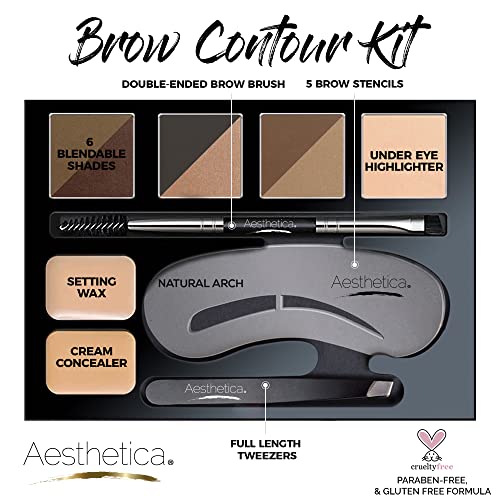 Aesthetica Brow Contour Kit 16-Piece Eyebrow Makeup Palette Set 6 Eyebrow Powders, 5 Eyebrow Stencils, Spoolie/Brush Duo, Tweezers, Eye Brow Wax, Highlighter - Unique Gifts For Women For Her Birthday - Morena Vogue