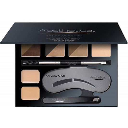 Aesthetica Brow Contour Kit 16-Piece Eyebrow Makeup Palette Set 6 Eyebrow Powders, 5 Eyebrow Stencils, Spoolie/Brush Duo, Tweezers, Eye Brow Wax, Highlighter - Unique Gifts For Women For Her Birthday - Morena Vogue