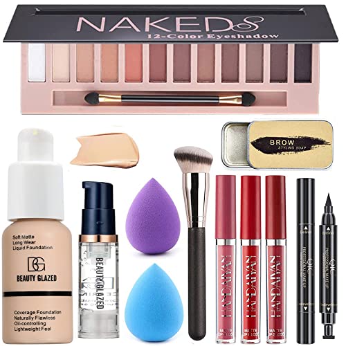 All in One Makeup Kit For Girls12 Colors Naked Eyeshadow Palette, Nude Foundation Face Primer, Makeup Brush, Makeup Sponge, Eyebrow Soap Kit Brows Gel, Winged Eyeliner Stamp Makeup Set (SetA) - Morena Vogue