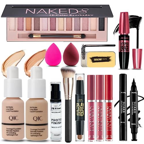 All in One Makeup Kit for Women Full Kit, 12 Colors Eyeshadow, Foundation & Primer, Lipsticks, Eyeliner, Mascara, Contour Stick, Brow Soap, Makeup Brush & Sponge, Make Up Gift Set for Women, Teens - Morena Vogue