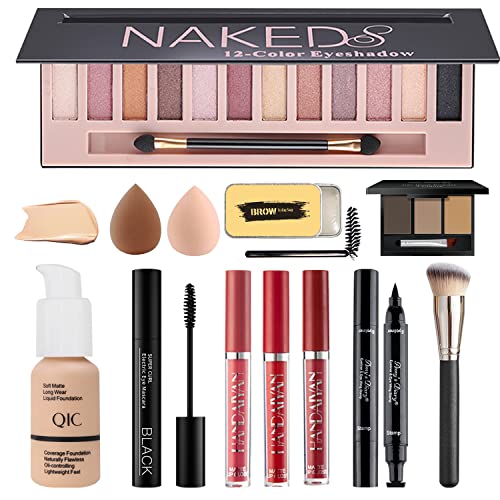 All in One Makeup Kit for Women Full Kit, Includes 12 Colors Naked Eyeshadow,Liquid Foundation, Lipstick Set, Mascara, Makeup Brush, Makeup Sponge, Eyebrow Powder, Eyebrow Soap, Eyeliner Stamp(#102) - Morena Vogue