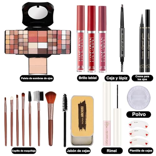 All in One Makeup Kit for Women, Includes 54 Color Eyeshadow Palette, Eyeliner, Mascara, Makeup Brushes, Liquid Lipstick, Eyebrow Soap (013-black) - Morena Vogue