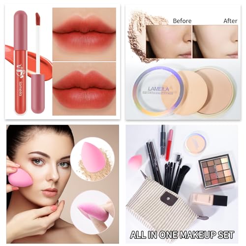 All in One Makeup Set Full Kit for Girls Teens Women, Makeup Gift Set, Includes Eyeshadow, Foundation, counter stick, Powder, Eyebrow Pencil, Eyeliner, Brushes, Lip Gloss, Sponge, Cosmetic Bag - Morena Vogue