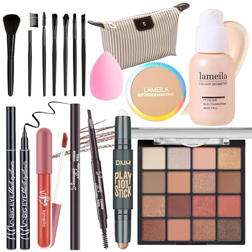 All in One Makeup Set Full Kit for Girls Teens Women, Makeup Gift Set, Includes Eyeshadow, Foundation, counter stick, Powder, Eyebrow Pencil, Eyeliner, Brushes, Lip Gloss, Sponge, Cosmetic Bag - Morena Vogue