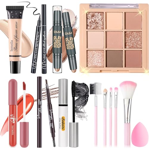 All in One Makeup Set Kit for Women Girls Teens, Makeup Gift Set, Includes 9 Color Eyeshadow, Counter Stick, Foundation, Eyebrow Pencil, Eyeliner, Mascara, Lip Gloss, 5Pcs Brushes, Sponge - Morena Vogue