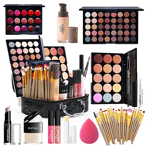 All in One Multipurpose Makeup Kit for Women -Makeup Brush Set,Eyeshadow Palette,Lip Gloss Set, Makeup Bag,Eyebrow Pencil,Mascara and Face Makeup (KT18) - Morena Vogue