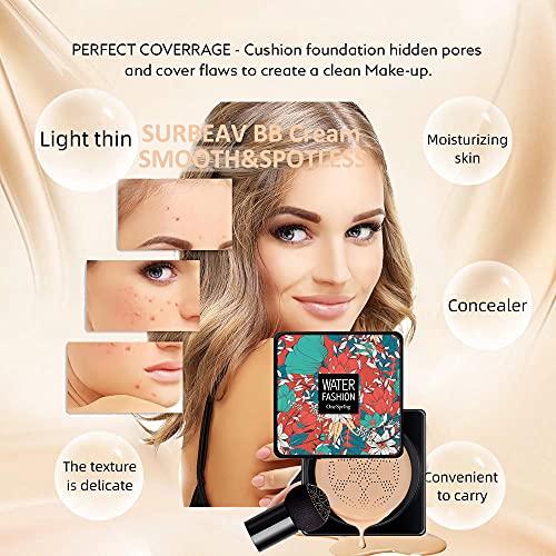 Amazfly Air Cushion CC Cream Mushroom Head Foundation, Moisturizing BB Cream Makeup Long Lasting Matte Concealer Bright Makeup Base Long Lasting with Mushroom Makeup Sponge (Natural) - Morena Vogue