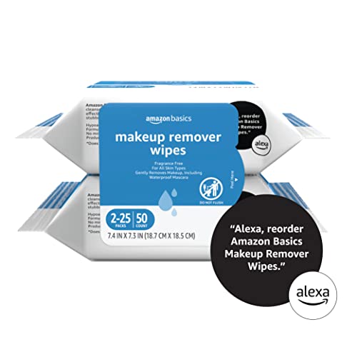 Amazon Basics Make Up Remover Wipes, Fragrance Free, 50 Count (2 Packs of 25) (Previously Solimo) - Morena Vogue