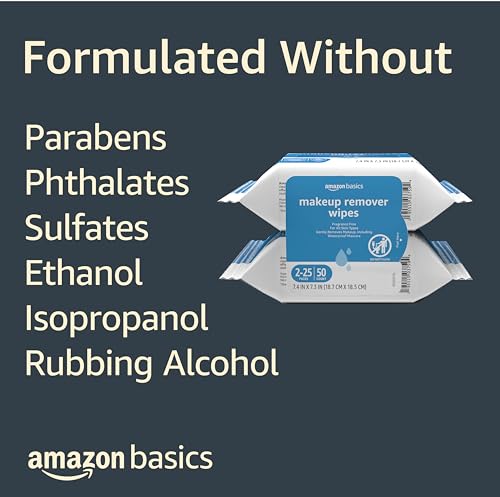 Amazon Basics Make Up Remover Wipes, Fragrance Free, 50 Count (2 Packs of 25) (Previously Solimo) - Morena Vogue