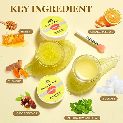 ANAI RUI Lip Care Kit - Lip Sugar Scrub Set, Lip Sleeping Mask & Lip Exfoliator Scrub - Overnight Lip Skin Treatment - Scrub & Moisturizer for Dry Chapped Cracked Peel Lips (Turmeric+Honey) - Morena Vogue