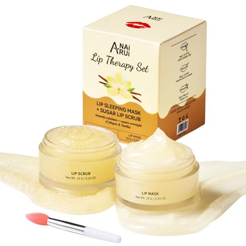 ANAI RUI Lip Mask and Scrub Set, Vanilla Lip Sleeping Mask & Lip Exfoliator/Scrub for Exfoliating & Lip Treatment, Collagen Lip Mask Overnight, Lip Care Gift Kits for Dry, Chapped, Peel & Dark Lips - Morena Vogue