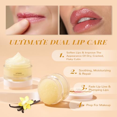 ANAI RUI Lip Mask and Scrub Set, Vanilla Lip Sleeping Mask & Lip Exfoliator/Scrub for Exfoliating & Lip Treatment, Collagen Lip Mask Overnight, Lip Care Gift Kits for Dry, Chapped, Peel & Dark Lips - Morena Vogue