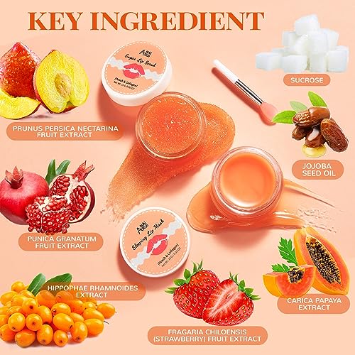 ANAiRUi Lip Balm Mask&Lip Scrub Set, Lip Care Kit - Lip Sleeping Mask Moisturizer and Lip Exfoliator Sugar Scrub, Overnight Lip Treatment Repair for Dry Chapped Peel Lips, Lip Lines (Peach + Collagen) - Morena Vogue