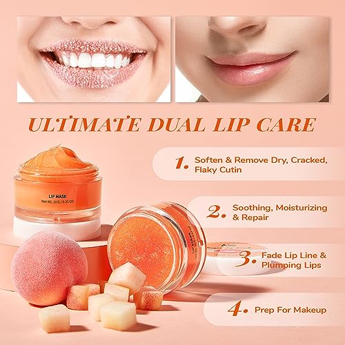 ANAiRUi Lip Balm Mask&Lip Scrub Set, Lip Care Kit - Lip Sleeping Mask Moisturizer and Lip Exfoliator Sugar Scrub, Overnight Lip Treatment Repair for Dry Chapped Peel Lips, Lip Lines (Peach + Collagen) - Morena Vogue