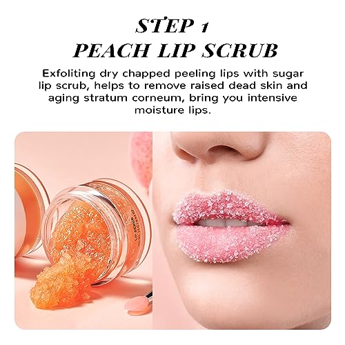 ANAiRUi Lip Balm Mask&Lip Scrub Set, Lip Care Kit - Lip Sleeping Mask Moisturizer and Lip Exfoliator Sugar Scrub, Overnight Lip Treatment Repair for Dry Chapped Peel Lips, Lip Lines (Peach + Collagen) - Morena Vogue