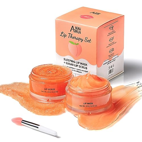 ANAiRUi Lip Balm Mask&Lip Scrub Set, Lip Care Kit - Lip Sleeping Mask Moisturizer and Lip Exfoliator Sugar Scrub, Overnight Lip Treatment Repair for Dry Chapped Peel Lips, Lip Lines (Peach + Collagen) - Morena Vogue