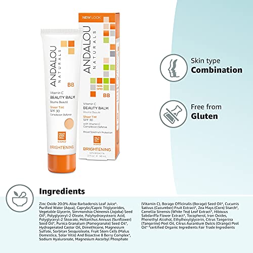 Andalou Naturals Vitamin C BB Beauty Balm Sheer Tint SPF 30, 2-in-1 BB Cream & Face Sunscreen with Broad Spectrum Protection, Mineral Sunscreen with Non-Nano Zinc Oxide, 2 Fl Oz - Morena Vogue