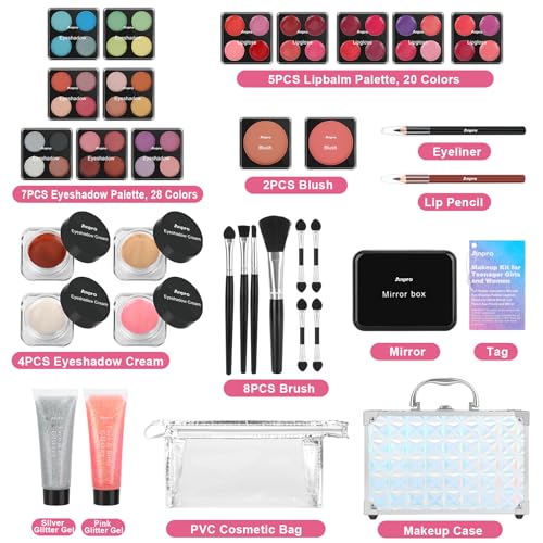 Anpro All-In-One Makeup Carry Case with Pro Teen Makeup Set, Full Starter Cosmetics Kit with Makeup Brushes, Lipsticks, Eye Shadows Palette, Blushes, Glitter Gel - Morena Vogue