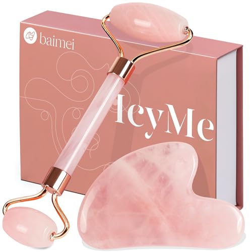 BAIMEI IcyMe Jade Roller & Gua Sha, Face Roller Redness Reducing Skin Care Tools, Self Care Pink Gift for Men Women, Massager for Face, Eyes, Neck, Relieve Fine Lines and Wrinkles - Rose Quartz - Morena Vogue