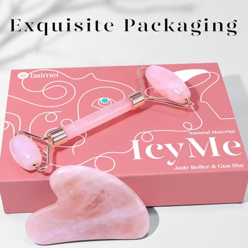 BAIMEI IcyMe Jade Roller & Gua Sha, Face Roller Redness Reducing Skin Care Tools, Self Care Pink Gift for Men Women, Massager for Face, Eyes, Neck, Relieve Fine Lines and Wrinkles - Rose Quartz - Morena Vogue