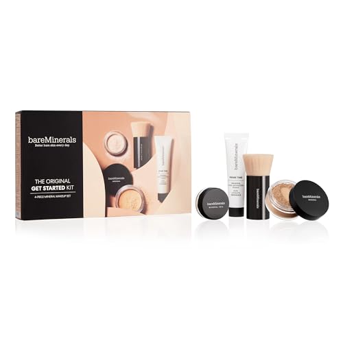 bareMinerals Original Get Started Kit Mini, 4 Piece Mineral Makeup Includes Original Loose Foundation, Face Primer, Setting Powder, Brush, Must-Have Kit, Travel Size, Vegan - Morena Vogue