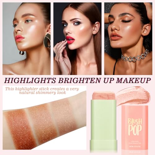 BEFIVECOK Highlighter Makeup Stick - Blush Highlighters Makeup Stick for Face & Body, Natural Silky Shimmer Highlight, Bendable Long Lasting Highlighter Wand, Cream Korean Highlighter (Rose Gold) - Morena Vogue