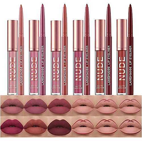 BestLand 12Pcs Matte Liquid Lipstick + Lip Liner Pens Set, One Step Lips Makeup Kits Pigment Velvety Nude Lip Stain Waterproof Long Wear Lip Gloss Make up Gift Set (Set A) - Morena Vogue