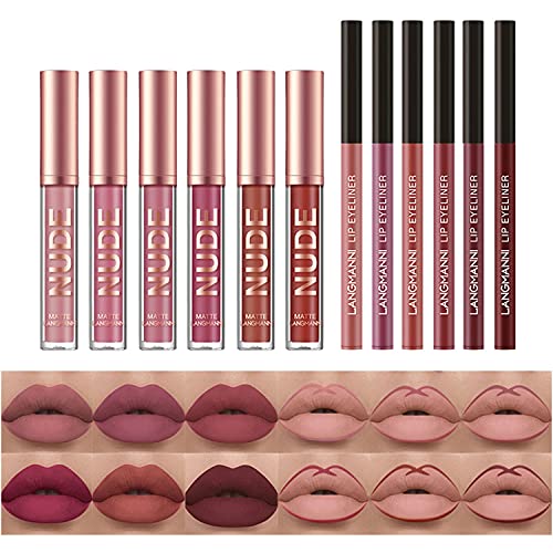 BestLand 12Pcs Matte Liquid Lipstick + Lip Liner Pens Set, One Step Lips Makeup Kits Pigment Velvety Nude Lip Stain Waterproof Long Wear Lip Gloss Make up Gift Set (Set A) - Morena Vogue