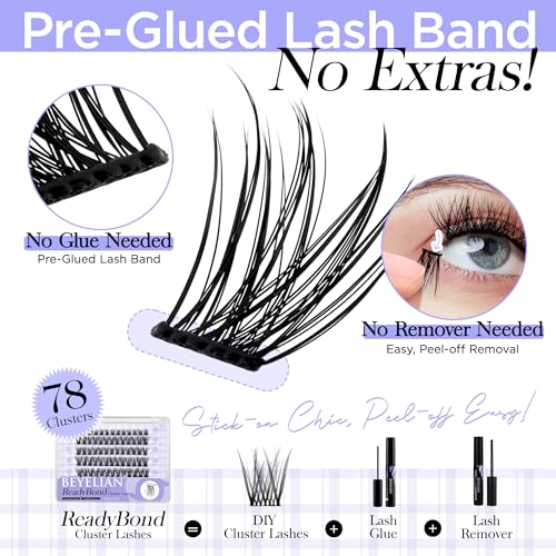 BEYELIAN Self Adhesive Lash Clusters Kit D+ Curl Press-On No Glue Needed DIY Lash Extension Reusable Cluster Lashes Fuss Free No Sticky Residue Self Application at Home 10-16mm 72 Pcs (R06) - Morena Vogue